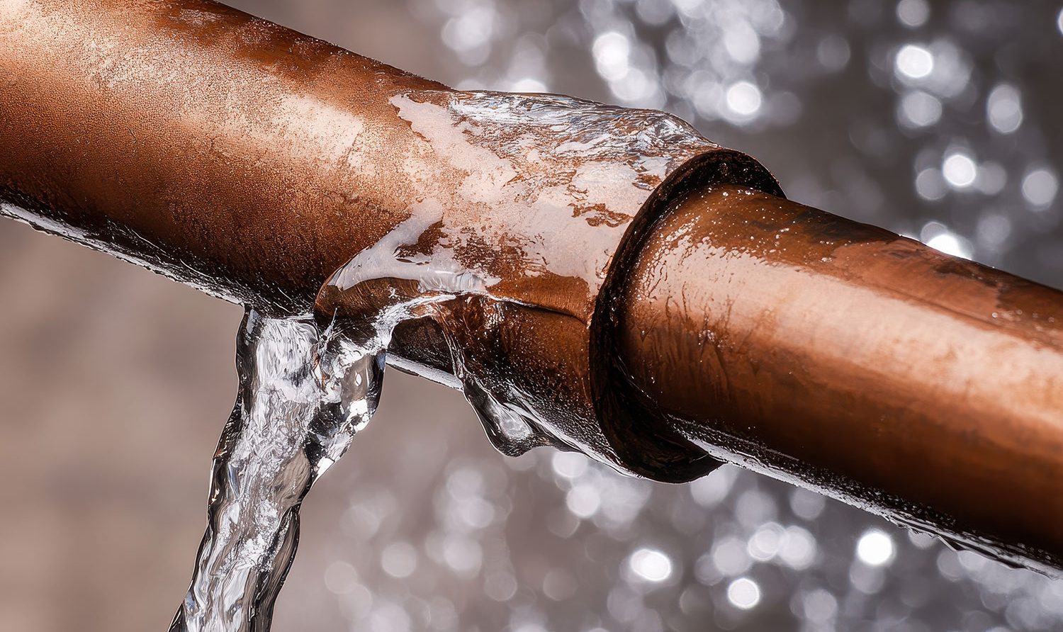 copper pipe with ice forming and water leaking out